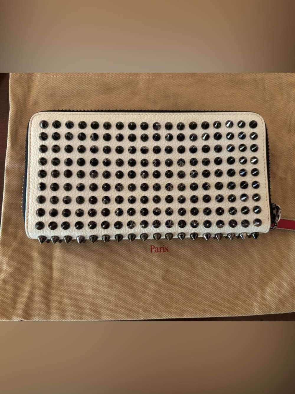 Christian Louboutin White Panettone Zip-Around Leather Wallet w/Gunmetal Spikes